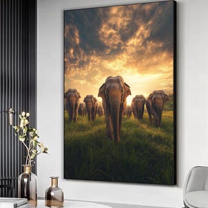 Arte em tela com cenário de elefantes, Arte de parede com elefantes, Decoração de parede com cenário de animais, Impressão de arte realista de elefantes, Decoração de parede emoldurada, Decoração para casa