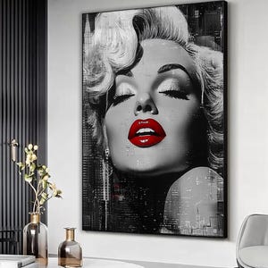 Marilyn monroe black and white modern art print, Marilyn monroe red lips canvas art, Marilyn monroe vintage poster, Ready to hang