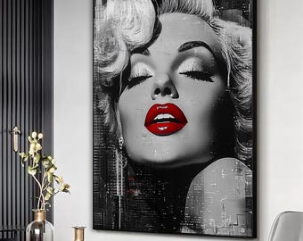 Marilyn monroe black and white modern art print, Marilyn monroe red lips canvas art, Marilyn monroe vintage poster, Ready to hang