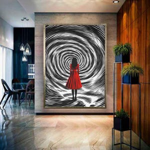 Woman canvas, Red dressed woman art , Abstract woman art print, Spiral woman home decor, Woman wall art, woman painting, Spiral art