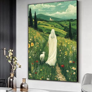 Blessed Virgin Mary walking with a sheep canvas wall art, Ready to Hang Wall Decor, Virgin Mary Wall Art, Christian Mary our Mother Gift