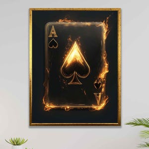Gouden canvasafdruk speelkaarten, schoppenaas kunst aan de muur, vlammende pokerkaarten muurafdruk, casino wanddecor, kunstafdruk gokken