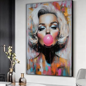 Marilyn Monroe blowing a pink bubble gum pop art, Marilyn Monroe grafitti art, Marilyn monroe Canvas print, Grafitti wall art,Grafitti print