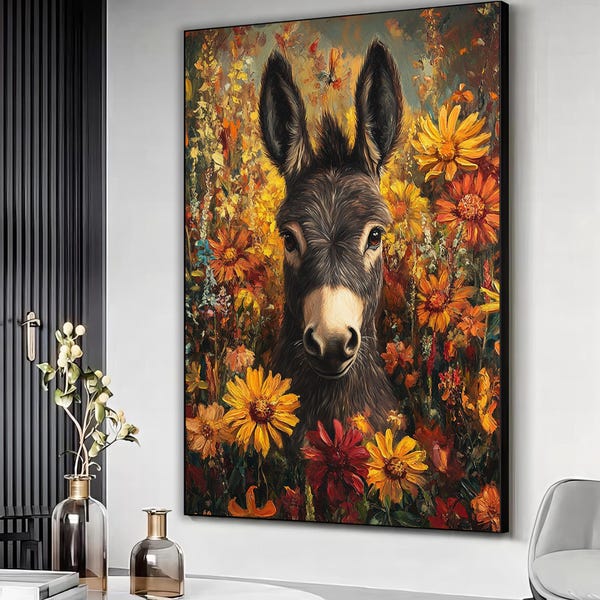 Donkey in flowers art print, Donkey artwork, Donkey painting, flowers poster, Farm animal canvas, Animal wall art, Farm wall decor