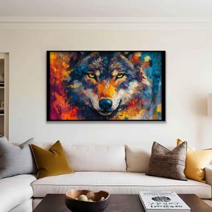 Wolf bunt auf Leinwand, Wolf Kunstdruck, Wolf Gemälde, Wolf Wandkunst, Wolf Leinwanddruck, Wolf Malerei, Tierkunst, Tiermalerei