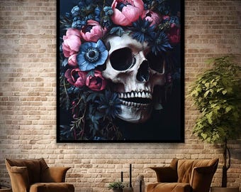 Skull flowers gothic art print, Flowers gothic skull canvas, Gothic skull painting, Skull art, Skull digital print, Skull flowers wall art