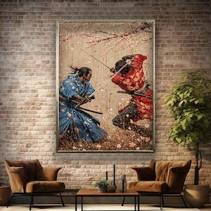 Samurai canvas print, Samurais fighting art, Samurai sakura trees painting, Samurai sakura blossoms wall art, Japanese samurai painting
