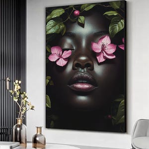 Black woman flowers art, Black woman nature canvas print, Pink flowers poster, Black woman painting, Botanic wall art print, Ready to hang