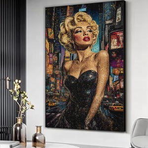 Colorful marilyn monroe abstract townscape canvas art print, Vibrant colors Marilyn monroe Wall Decor, Famous woman wall art, Ready to hang