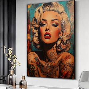 Stampa artistica su tela raffigurante Marilyn Monroe tatuata e colorata, decorazione da parete su tela con Marilyn Monroe, donna, pronta da appendere.