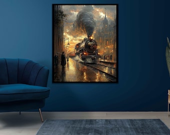 vintage train Wall decor, Train canvas print, Abstract train landscape wall art, Steam train framed canvas art, vintage home decor