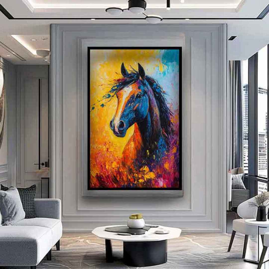 走る馬の絵、茶色の馬の壁アート、カラフルな馬のキャンバス、馬の壁