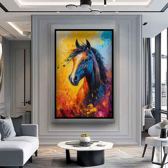 走る馬の絵、茶色の馬の壁アート、カラフルな馬のキャンバス、馬の壁