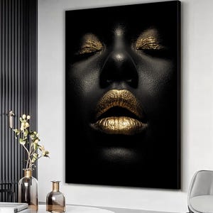 Luxury Gold Makeup and Nails Canvas Print, Gold Lips Art, Modern Minimalist Black and Gold Wall Decor, Bold Glamorous Portrait