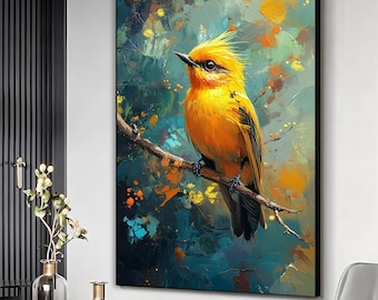 Yellow bird art print in the style of oil painting, Yellow bird canvas print, Yellow bird wall art, Beautiful bird wall decor, Animal art