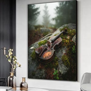 Violin Wall Art, Music Room Decor, String Instrument Painting Canvas print, Gift For Musicians Framed Ready to Hang, Violin in nature