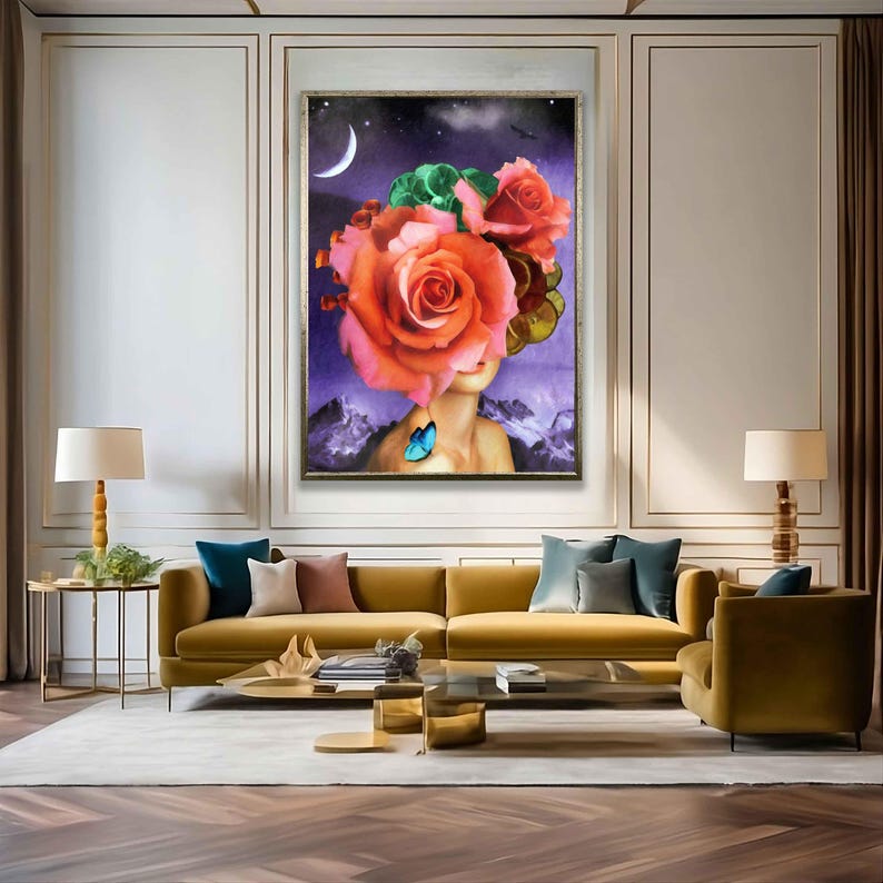 Woman Roses Art, Woman Roses on Head Painting, Woman Red Roses Canvas