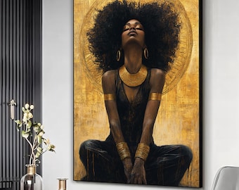 Black woman gold accessories canvas print, Gold black woman portrait, Woman painting, Woman wall decor, Woman poster, Woman wall hanging
