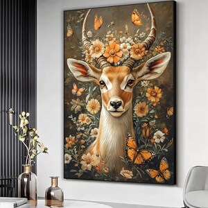 Antelope wall art, Antelope canvas print, Antelope flowers and butterflies art print, Antelope home decor, vintage inspired animal painting
