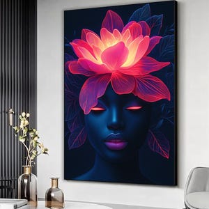 Black woman with flower on her head canvas art, Black woman art print, Pink flower wall art, Surreal woman painting, Woman artwork