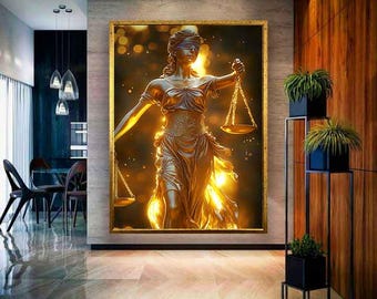 Lady of justice holding scales art, Golden statue of lady of justice canvas print, Lady of justice painting, Lady of justice wall art