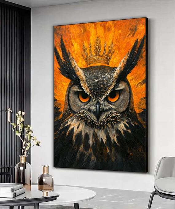 最終値下げ エクセルヒューマン金箔 フクロウの親子 壁掛けアート 冠フクロウの金色の額入りキャンバスウォールアート、黒と金の動物