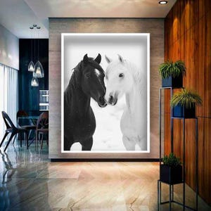 Black and white horses art, Black and white horses painting, Black and white horses canvas, Horse wall art, Animal art, Animal canvas