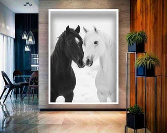 Arte de caballos en blanco y negro, Pintura de caballos en blanco y negro, Lienzo de caballos en blanco y negro, Arte mural de caballos, Arte animal, Lienzo de animales