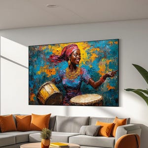 African woman playing drum canvas print, Colorful African culture wall decor, African wall art, African woman oil painting printed on canvas