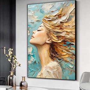 Elegant woman impasto painting canvas print, Woman art print, Woman poster, Oil painting style, Home wall decor, Living room wall hanging