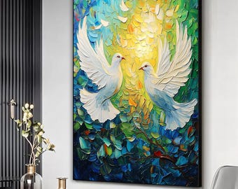White doves canvas print, White dove art, White birds poster, Birds oil painting, Animal art print, Home wall decor, Ready to hang canvas