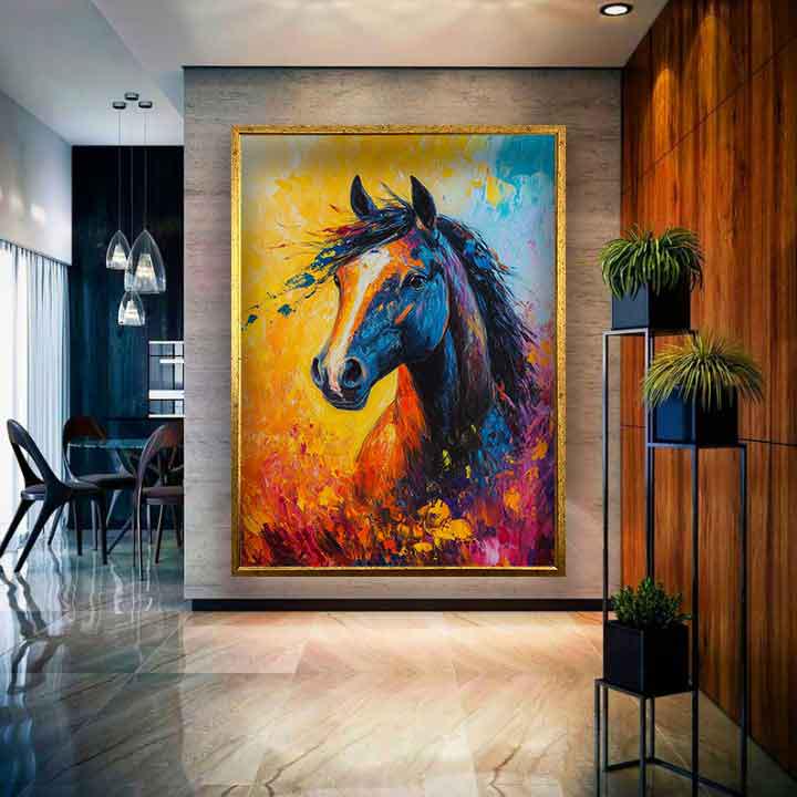 走る馬の絵、茶色の馬の壁アート、カラフルな馬のキャンバス、馬の壁