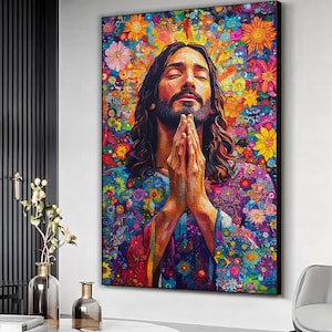 Colorful jesus abstract art print, Praying Jesus canvas print, Jesus faith wall decor, Abstract jesus wall art, Modern christian art