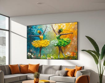 Dancing ballets art print, Ballerina oil painting, Dancing ballerinas wall art, Colorful woman painting, Woman canvas art, Living room decor