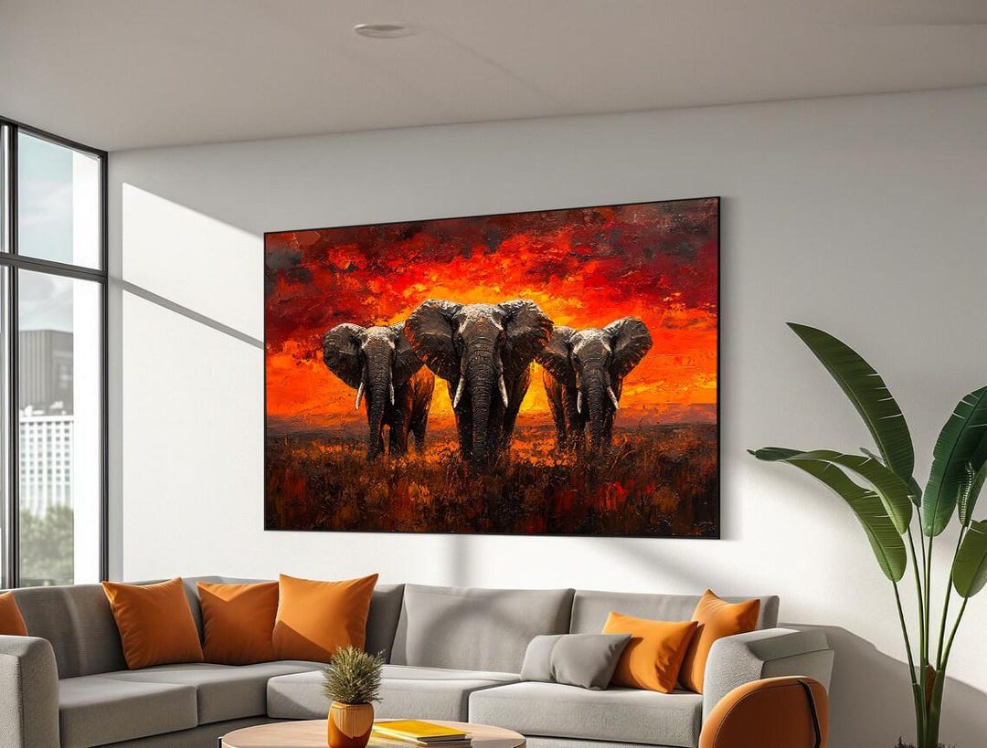 Elephants Canvas, Animal Wall Art, African Landscape Print, Sunset ...