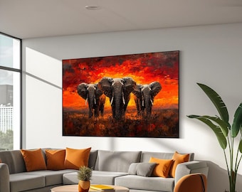 May include: A painting of three elephants walking through a savanna at sunset. The elephants are silhouetted against a fiery orange and red sky. The painting is done in a realistic style with thick brushstrokes.