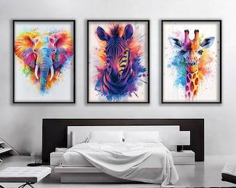 Ensemble de 3 oeuvres d'art colorées : peintures animalières, ensembles de toiles animaux, art mural éléphant, art zèbre, peinture girafe, impression sur toile girafe