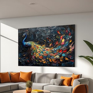 Peacock colorful art print, Peacock oil painting, Peacock wall art, Peacock canvas, Animal poster, Home wall decor, Ready to hang canvas