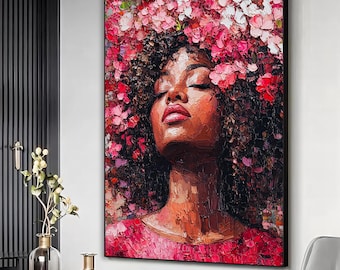 Black woman oil painting canvas print, Pink woman artwork, Surreal woman wall art, Afro woman wall decor, Pink flowers poster, Ready to hang