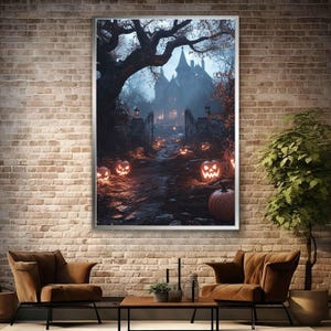 Jack-o-lantern halloween painting, Jack-o-lantern halloween art, Pumpkin halloween canvas print, Halloween wall art, Halloween mansion art