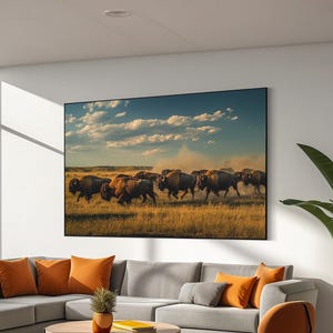 Running Bisons Canvas Print, Animals wildlife photography Wall Art, Bison Painting, Bison Poster, Bison Wall Art, Ready to hang framed art