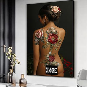 Woman with flowers canvas art print, Flower tattooed woman framed canvas, Woman poster, Woman wall decor, Woman wall art, Woman wall hanging