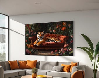 Tiger on couch canvas art, Tiger lying on couch wall art, Tropical Animal poster, Tiger Wall Decor,Exotic print,Animal lover gift,Jungle art