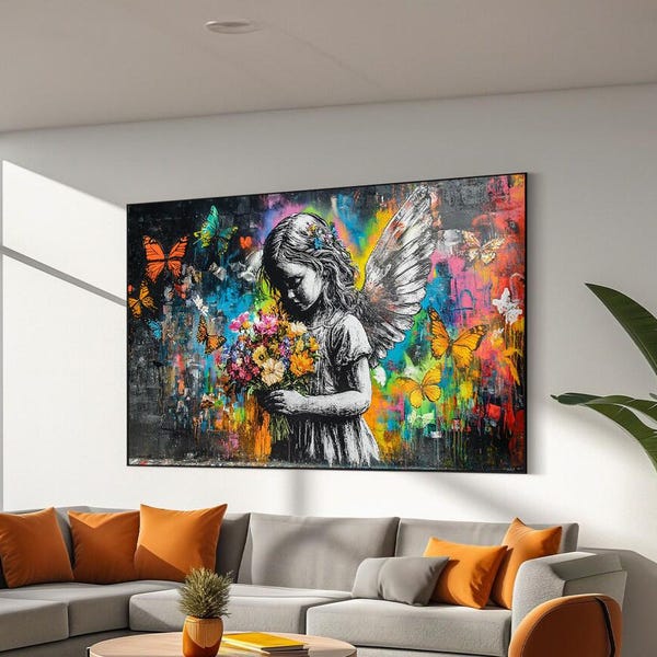 Banksy girl holding flowers grafitti art print, Banksy canvas print, Banksy girl wall art, Butterflies grafitti painting, Ready To Hang