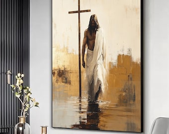 Jesus with the Cross, Christian Wall Art, Jesus Shepherd Art, Jesus Print, Catholic Art, Bible Art, Picture of Jesus, Christian Painting