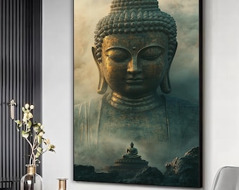 Abstract buddha landscape wall art, Buddha canvas print, Buddha meditation poster, Buddha home decor, Meditating buddha art,Scenery painting