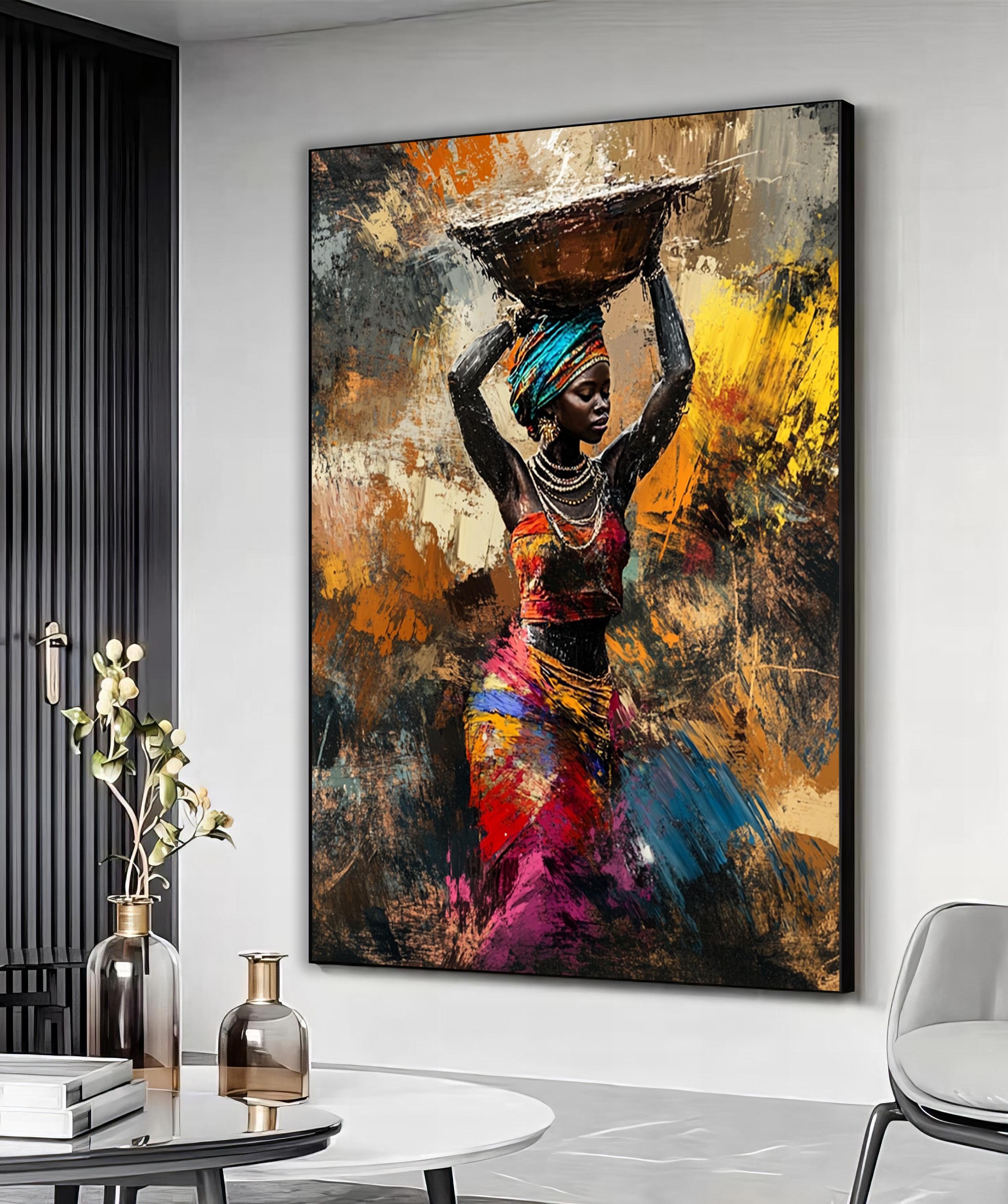 Tableau Toile Femme Africaine - Art Mural Ethnique Sur Châssis Bois - Prêt à Accrocher - Déco élégante