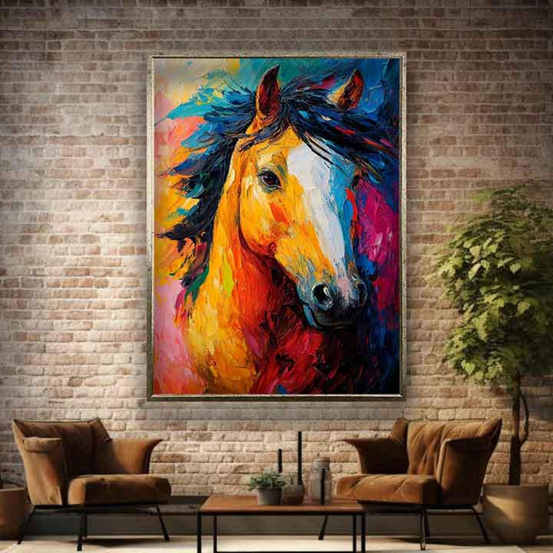 カラフルな馬の絵、茶色の馬の壁アート、カラフルな馬のキャンバス、馬