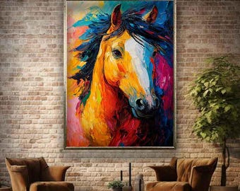 カラフルな馬の絵、茶色の馬の壁アート、カラフルな馬のキャンバス、馬