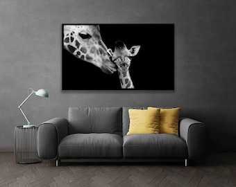 Arte en blanco y negro de jirafas, pintura en blanco y negro de jirafas, impresión en lienzo de jirafa bebé, arte de pared de jirafa, decoración de pared de jirafa, arte animal